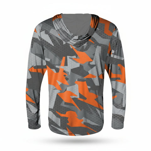 Camouflage hoodie with orange and gray pattern on a white background