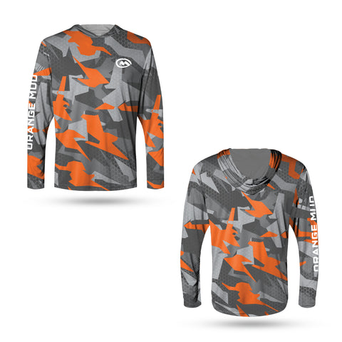 Orange Mud Lightweight Hoodie in orange and gray camo, front and back