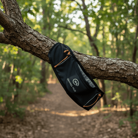 Gearhead Running Belt hanging from a tree branch on a forest trail