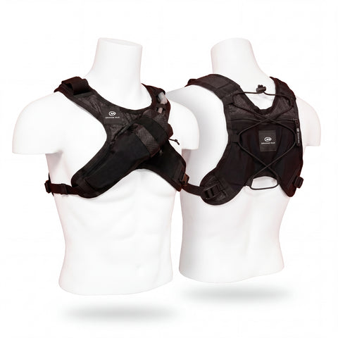 Phone. Flask. Vest. (PFV) running vest, front and back on a mannequin