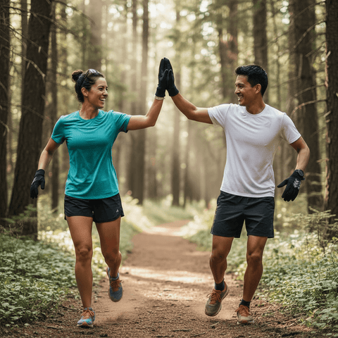Two runners high-fiving each other on a forest path
