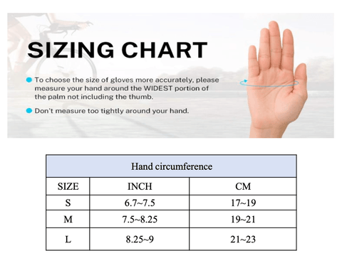 Running gloves size chart by hand circumference: S 6.7–7.5 in, M 7.5–8.25 in, L 8.25–9 in