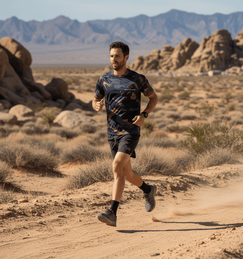 Runner on a desert trail wearing the Blue Camo Running Shirt