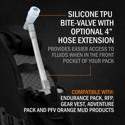 UltraFlask silicone TPU bite valve with optional 4 inch hose extension in a pack front pocket