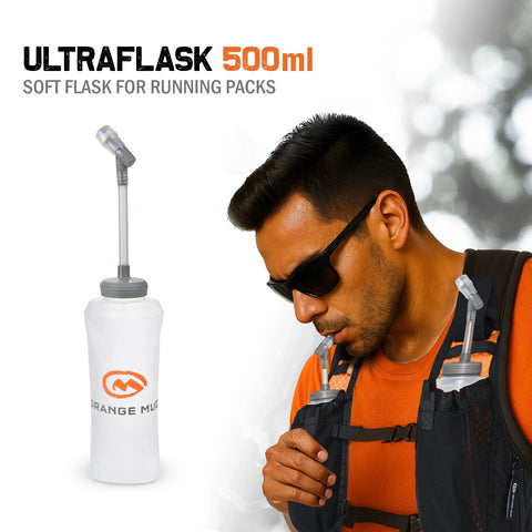 Orange Mud UltraFlask 500 ml / 17 oz soft flask with runner wearing a vest, 1 flask