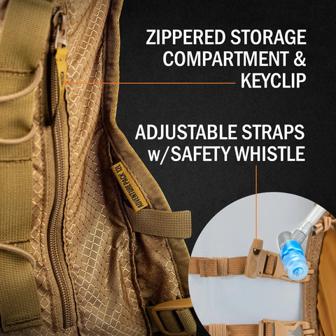 Adventure Pack 12L zippered storage with key clip and adjustable straps with safety whistle