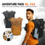 Adventure Pack 12L V3.0 in black and brown, with gear laid out and worn by a hiker
