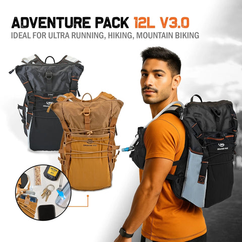 Adventure Pack 12L V3.0 in black and brown, with gear laid out and worn by a hiker