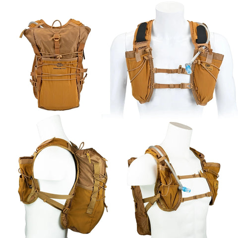 Brown Adventure Pack 12L from front, back and side on a mannequin
