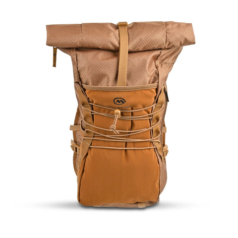 Brown Adventure Pack 20L with roll top, front view