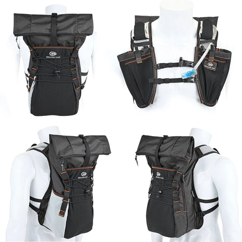 Black Adventure Pack 20L from front, back and sides on a mannequin