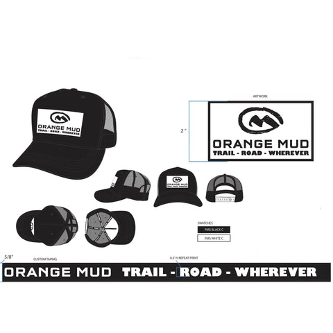 Orange Mud 5-Panel Black Trucker Hat logo front panel closeup