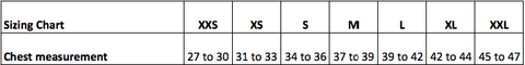 Size chart: chest measurements in inches by size