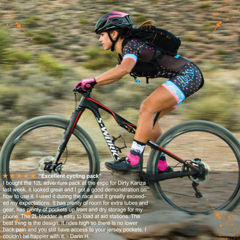 Mountain biker riding with the Adventure Pack 12L, with a customer review